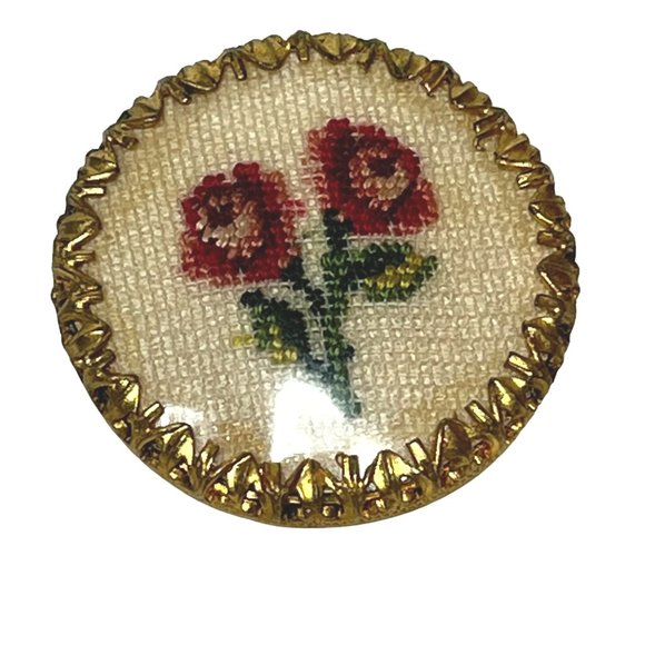 Vintage Petit Point Floral Brooch Round Gold-Tone Pink & White - Picture 6 of 7